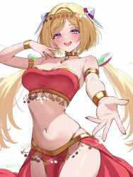 1girl :d aki_rosenthal alternate_costume armlet bare_shoulders blonde_hair blush bob_cut bracelet breasts cleavage commentary_request cowboy_shot detached_hair gold_choker gold_trim hair_ornament harem_outfit headgear highleg highres hololive jewelry loincloth low_twintails medium_breasts midriff nail_polish navel navel_piercing open_mouth pelvic_curtain piercing pink_nails purple_eyes reaching reaching_towards_viewer red_tube_top short_hair simple_background smile solo strapless swept_bangs teeth tube_top twintails upper_teeth_only virtual_youtuber white_background you06
