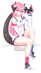 1girl abrokedrawer absurdres armpit_crease artist_name asymmetrical_footwear asymmetrical_legwear black_horns black_shorts black_straps blue_eyes blue_horns blue_jacket blue_legwear breasts charm_(object) cleavage closed_mouth collarbone commentary crop_top english_commentary english_text hair_between_eyes hair_intakes highres holding_own_tail honkai_(series) honkai_impact_3rd horns jacket knee_up light_blush long_sleeves looking_away mechanical_tail midriff mismatched_footwear mismatched_legwear multicolored_hair multicolored_horns multicolored_jacket navel off_shoulder pink_hair pink_horns pink_jacket pink_legwear power_symbol racing_stripes rozaliya_olenyeva delta_(honkai_impact) shadow shiny_skin short_shorts shorts simple_background sitting small_breasts solo tail tank_top tareme thick_eyebrows thighs two-tone_crop_top two-tone_footwear two-tone_hair two-tone_horns two-tone_jacket white_background white_footwear white_jacket white_tank_top