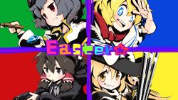4girls alice_margatroid black_eyes black_gloves black_headwear black_hoodie blonde_hair blush bright_pupils brown_hair capelet cigarette claw_(weapon) closed_mouth commentary_request cookie_(touhou) easter fingerless_gloves gloves gram_9 grin gun hakurei_reimu hat highres holding holding_gun holding_pencil holding_weapon hood hoodie kirisame_marisa kofji_(cookie) long_hair looking_afar looking_at_viewer maru_(cookie) marvel multiple_girls nazrin neckerchief open_mouth pencil red_eyes red_neckerchief short_hair smile star_(symbol) sugar_(cookie) touhou upper_body weapon web_(cookie) white_capelet white_pupils witch_hat x-men yellow_eyes