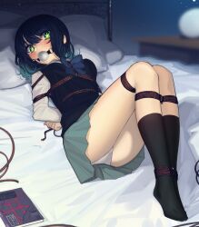 +_+ 1girl absurdres aqua_eyes bdsm black_thighhighs blue_hair blush bondage bound cad_(caddo) commission full_body gag highres kurokawa_akane lingerie looking_at_viewer on_bed oshi_no_ko restrained school_uniform second-party_source shibari short_hair solo thighhighs underwear