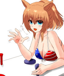 Rule 34 | 1girl, american flag, american flag bikini, american flag print, animal ears, arm wrestling, bikini, blue eyes, brown hair, commentary request, flag print, flag print bikini, front-tie bikini top, front-tie top, highres, horse ears, horse girl, medium hair, ponytail, print bikini, short hair, simple background, solo, swimsuit, taiki shuttle (umamusume), tkka, umamusume, white background