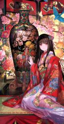 1girl artist_name bird black_hair bug butterfly choppy_bangs commentary_request eshi_100_nin_ten feet_out_of_frame floral_print floral_print_kimono flower flower_request fuzichoco hair_ribbon hand_up haori highres indoors insect japanese_clothes kimono long_hair long_sleeves looking_at_viewer original parted_lips pink_flower pink_kimono print_kimono red_flower red_haori ribbon sitting solo striped_ribbon twitter_username two-tone_ribbon vase wide_sleeves