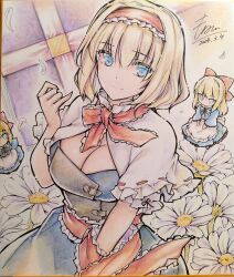 1girl absurdres adapted_costume alice_margatroid blonde_hair blue_dress blue_eyes breasts capelet cleavage cleavage_cutout closed_mouth clothing_cutout commentary_request dated doll dress falling_petals flower flower_request frilled_hairband frills hairband highres large_breasts lolita_hairband looking_at_viewer monety petals red_hairband shanghai_doll shikishi signature smile solo touhou traditional_media white_capelet white_flower white_petals