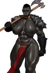 1girl abs absurdres arm_tattoo axe black_gloves black_hair black_sclera black_skin breasts colored_sclera colored_skin earrings female_orc gloves highres holding holding_axe huge_breasts jewelry large_areolae loincloth looking_at_viewer muscular muscular_female nipples nose_piercing nose_ring orc original over_shoulder piercing pointy_ears red_eyes red_loincloth simple_background solo sotcho tattoo tusks weapon weapon_over_shoulder white_background