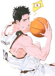 11114tai 1boy arms_up ball basketball basketball_(object) basketball_jersey basketball_shorts basketball_uniform black_eyes black_hair character_name closed_mouth colored_speech_bubble commentary dutch_angle feet_out_of_frame highres holding holding_ball japanese_flag looking_to_the_side male_focus mitsui_hisashi playing_sports shirt short_hair shorts sideburns sideways_glance simple_background slam_dunk_(series) sleeveless solo speech_bubble sportswear symbol-only_commentary white_background white_shirt white_shorts
