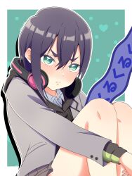 1girl aqua_background black_hair black_hoodie blush green_eyes grey_jacket grey_skirt haraga_kurumi headphones headphones_around_neck heart highres hood hoodie jacket kimi_no_koto_ga_dai_dai_dai_dai_daisuki_na_100-nin_no_kanojo ohananomitsu_middle_school_uniform pack_hobby school_uniform shirt short_hair skirt sound_effects thick_eyebrows white_background white_shirt