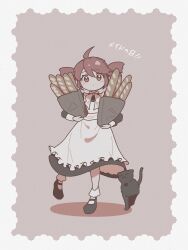 1girl aged_down ahoge alternate_costume apron bag baguette black_cat black_dress black_shoes blush bow bowtie bread cat child closed_mouth commentary dress drill_hair flat_chest food frilled_apron frills full_body hair_between_eyes highres holding holding_bag kasane_teto leg_up looking_at_viewer ontama_carbonara paper_bag red_eyes red_hair shoes solo standing standing_on_one_leg symbol-only_commentary twin_drills utau white_apron white_bow white_bowtie