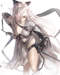 1girl absurdres black_bow black_ribbon boots bow breasts cleavage closed_eyes collarbone detached_sleeves drag-on_dragoon drag-on_dragoon_3 dress flower flower_in_eye flower_on_face flower_over_eye gloves hair_bow highres holding holding_sword holding_weapon long_hair looking_down metal_gloves navel one_eye_covered pink_flower red_lips ribbon shiszukaa signature solo stomach sword symbol_in_eye thigh_strap thighs weapon white_boots white_dress white_hair white_sleeves zero_(drag-on_dragoon)