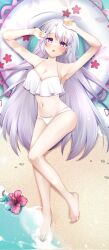 1girl :o ahoge alternate_costume armpits ayachi_nene bare_arms bare_legs bare_shoulders barefoot beach bikini blush breasts cleavage commentary_request curvy day feet flower from_above full_body grey_hair hair_between_eyes hair_spread_out halterneck hands_up highres huge_ahoge knees_together_feet_apart large_breasts long_hair looking_at_viewer lying navel ocean on_back open_mouth outdoors pink_flower purple_eyes sanoba_witch soaking_feet solo stomach straight_hair swim_ring swimsuit teeth thighs toes tyama_taka upper_teeth_only very_long_hair white_bikini