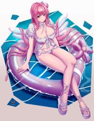 1girl bikini blush breasts cleavage closed_mouth dorothy_(nikke) dorothy_(serendipity)_(nikke) fake_wings goddess_of_victory:_nikke hair_bun highres innertube kyousakee large_breasts long_hair looking_at_viewer navel official_alternate_costume pink_hair purple_eyes ribbon single_side_bun smile solo stomach swim_ring swimsuit very_long_hair water white_bikini wings