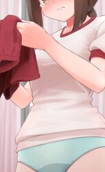 1girl blue_panties blush breasts brown_hair closed_mouth cropped curtains embarrassed female_focus gym_uniform hair_tie hands_up head_out_of_frame holding holding_unworn_clothes holding_shorts holding_unworn_clothes medium_breasts medium_hair nose_blush original panties peed_self pink_background ponytail red_shorts shirt short_sleeves shorts sidelocks solo standing tears underwear unworn_shorts urabe_miyabi wavy_mouth wet wet_clothes wet_panties white_shirt
