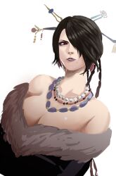 1girl bare_shoulders black_hair braid breasts cleavage closed_mouth dress earrings final_fantasy final_fantasy_x hair_ornament hair_over_one_eye hair_stick highres igusaharu jewelry large_breasts lipstick long_hair looking_at_viewer lulu_(ff10) makeup mole mole_under_mouth necklace purple_lips red_eyes simple_background solo white_background