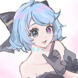 1girl :d ahoge alternate_hair_length alternate_hairstyle bare_shoulders black_bow black_dress black_gloves blue_hair bow detached_sleeves dress gloves green_eyes grey_background gwen_(league_of_legends) hair_bow lazy_(maedow_9) league_of_legends open_mouth short_hair simple_background smile solo white_background