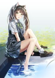 1girl absurdres animal_ear_fluff animal_ears black_dress blush bow bowtie brown_hair brown_shoes cat_ears cat_girl cat_tail collared_shirt commentary_request diagonal-striped_bow diagonal-striped_bowtie diagonal-striped_clothes dress fang feet grass green_bow green_bowtie green_eyes highres knees_up legs long_hair looking_at_viewer open_mouth original outdoors pleated_dress raised_eyebrows school_uniform shimofuri shirt shirt_under_dress shoes short_dress short_sleeves single_bare_foot single_bare_leg sitting skin_fang socks solo striped_clothes tail thighs twintails water white_shirt white_socks wing_collar
