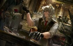 4boys absurdres animal_ear_fluff animal_ears arknights ashtray bar_(place) black_gloves black_vest closed_mouth collared_shirt counter cup drinking_glass flower gloves grey_eyes grey_hair grey_shirt gun hair_between_eyes handgun highres indoors looking_at_viewer male_focus medium_hair multiple_boys necktie red_flower red_necktie red_rose rose shirt silverash_(arknights) sitting sleeves_pushed_up stairs tin_man_(arknights) vest wanted_poster weapon xiaoraini