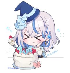 &gt;_&lt; 1girl :3 anniversary artist_request blue_hair blue_hat blush bow braid cake chibi chibi_only closed_eyes closed_mouth colored_inner_hair commentary_request diamond-shaped_earrings food fork fruit grey_hair hair_between_eyes hand_on_own_face hat heart highres holding holding_fork iriam miria_(iriam) multicolored_hair pink_bow second-party_source solo star_(symbol) strawberry streaked_hair translation_request twitter_username two-tone_hair white_background