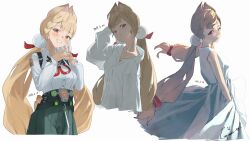 1girl absurdres alice_thymefield black_skirt blush collared_shirt hair_ornament heterochromia high-waist_skirt highres long_hair long_sleeves lupinu5 pom_pom_(clothes) pom_pom_hair_ornament shirt skirt smile twintails very_long_hair white_shirt zenless_zone_zero