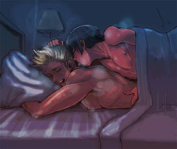 Rule 34 | 2boys, axis powers hetalia, bed, black hair, blonde hair, blush, breath, closed eyes, grabbing another&#039;s hair, japan (hetalia), licking, male focus, multiple boys, netherlands (hetalia), nipples, open mouth, pillow, pillow grab, riko (k riko), sex, short hair, spiked hair, sweat, topless male, under covers, yaoi