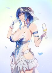 Rule 34 | 1girl, arm strap, bare shoulders, blue hair, breasts, bridal veil, champagne flute, cleavage, closed mouth, clothing cutout, collarbone, commentary, cowboy shot, cup, dress, drinking glass, gloves, gradient hair, hair between eyes, hands up, highres, holding, holding cup, katya klein, large breasts, looking at viewer, low neckline, multicolored hair, official alternate costume, official alternate hairstyle, onshigou, ponytail, revealing clothes, side cutout, sidelocks, signature, smile, snowbreak: containment zone, solo, standing, strapless, strapless dress, streaked hair, veil, wedding dress, white dress, white gloves