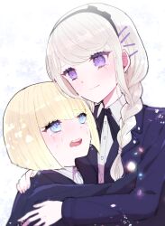 2girls blonde_hair blue_eyes braid braided_ponytail closed_mouth crying female_focus fingernails height_difference highres hug kirifuji_nozomi moyuchocolats multiple_girls oosuzuki_kurara open_mouth purple_eyes simple_background smile spoilers teeth the_hundred_line_-last_defense_academy- upper_teeth_only white_background white_hair