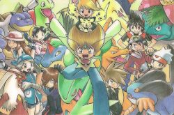 4girls 6+boys backwards_hat bandana bike_shorts black_eyes black_hair black_shirt black_shorts blaziken blonde_hair blue_bandana blue_bandanna blue_eyes blue_hair blue_oak blue_shirt brendan_(pokemon) brown_hair charizard chuchu_(pokemon) denim emerald_(pokemon) ethan_(pokemon) fangs feraligatr flower forehead_jewel gen_1_pokemon gen_2_pokemon gen_3_pokemon goggles goggles_on_headwear green_(pokemon) green_eyes green_shirt grey_eyes hair_flower hair_ornament hat jacket jeans jumping kris_(pokemon) may_(pokemon) meganium multiple_boys multiple_girls nintendo official_art open_clothes open_jacket open_mouth pants pichu pika_(pokemon) pikachu pink_jacket pokemon pokemon_(creature) pokemon_adventures poster_(medium) red_(pokemon) red_eyes red_hat red_jacket red_shirt sceptile shirt shorts silver_(pokemon) sleeveless sleeveless_shirt smile starter_pokemon_trio swampert teeth tongue typhlosion venusaur wartortle yamamoto_satoshi yellow_(pokemon) yellow_eyes yellow_hat yellow_shorts