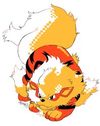 arcanine black_eyes closed_mouth commentary_request fangs full_body gen_1_pokemon highres looking_at_viewer mane nintendo no_humans pokemon pokemon_(creature) pokemon_focus sanno_(snn_3) simple_background striped_fur twitter_username white_background