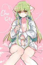1girl breasts c.c. chii chii_(cosplay) chobits code_geass cosplay creayus dress_shirt female_focus green_hair hair_tubes long_hair looking_at_viewer no_bra no_pants open_clothes panties paw_pose shiny_skin shirt solo underwear white_panties white_shirt yellow_eyes