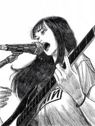1girl black_hair from_below greyscale highres long_hair looking_to_the_side microphone microphone_stand monochrome music open_mouth original short_sleeves singing solo tp_p_pt white_background
