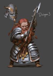 1boy armor axe beard boots brown_boots dwarf facial_hair fantasy full_body grey_background helmet holding holding_axe long_beard mischeviouslittleelf original red_hair simple_background solo standing unworn_headwear unworn_helmet