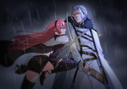 1boy 1girl absurdres ahoge black_hairband closed_mouth coat duel eris_greyrat eris_kissaten fur_trim hair_between_eyes hairband highres holding holding_sword holding_weapon long_hair long_sleeves mushoku_tensei navel orsted_(mushoku_tensei) rain red_eyes red_hair short_hair sparks sword weapon white_coat white_hair yellow_eyes