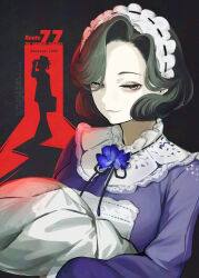 2girls black_background black_hair black_ribbon blanket blue_flower closed_mouth copyright_name dress english_text flower grey_eyes half-closed_eyes highres holding holding_blanket maid maid_headdress multiple_girls neck_flower neck_ribbon pale_skin purple_dress red_light reverse:1999 ribbon sawasa short_hair silhouette smile swaddled tuesday_(reverse:1999) upper_body vertin_(reverse:1999)