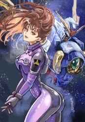 Rule 34 | 1girl, ascot, bodysuit, braid, breasts, brown eyes, brown hair, closed mouth, commentary, dated, gundam, gundam wing, highres, lady une, large breasts, lipstick, long hair, looking at viewer, makeup, mecha, mecha pilot suit, okrdisk2000, parted lips, robot, smile, space, standing, wing gundam