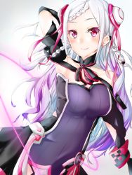Rule 34 | 1girl, armpits, braid, braided bangs, choker, double bun, dress, earrings, hair bun, hair ribbon, idol, jewelry, long hair, looking at viewer, momonoko noko, multicolored hair, purple dress, red eyes, red ribbon, ribbon, sidelocks, silver hair, smile, solo, sword art online, sword art online the movie: ordinal scale, very long hair, white background, yuna (sao)