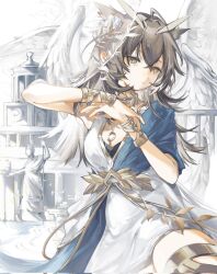 1girl ahoge ambience_synesthesia angel_wings architecture arknights armpits asymmetrical_dress bracelet breasts brown_eyes brown_hair collar dress feather_hair glint greco-roman_architecture hair_between_eyes hands_up highres jewelry jixing long_hair looking_at_viewer medium_breasts necklace official_alternate_costume olive_branch owl_ears owl_girl purple_dress short_sleeves sidelocks silence_(arknights) silence_the_paradigmatic_(arknights) single_sleeve solo statue thigh_strap thighs two-tone_dress v-neck white_dress wings