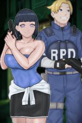 Rule 34 | 1boy, 1girl, black hair, blonde hair, blue eyes, boruto: naruto next generations, breasts, cosplay, female focus, gun, handgun, highres, holding, holding weapon, huge breasts, husband and wife, hyuuga hinata, jill valentine, jill valentine (cosplay), large breasts, leon s. kennedy, leon s. kennedy (cosplay), mature female, mature male, naruto (classic), naruto (series), pistol, purple eyes, resident evil, resident evil 2, resident evil 3: nemesis, short hair, smile, torikku95, uzumaki naruto, weapon