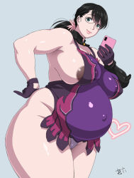 Rule 34 | 1girl, areola slip, breasts, cattleya (queen&#039;s blade), cellphone, glasses, highres, huge breasts, jinroku, phone, pregnant, queen&#039;s blade, selfie, smartphone, smile, solo