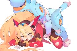 all_fours armor bestiality blonde_hair bodystocking ciel_(mega_man) crying dog doggystyle gloves helmet highres long_hair mega_man_(series) mega_man_zero_(series) non-humanoid_robot open_mouth ponytail rape robot robot_animal sex sex_from_behind streaming_tears tears torn_clothes white_background zero(z)_(mega_man) zero_(mega_man)