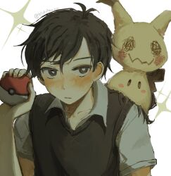 1boy antenna_hair arm_at_side black_eyes black_hair black_sweater_vest bright_pupils closed_mouth collarbone collared_shirt commentary crossed_bangs crossover english_commentary fingernails gen_7_pokemon hair_behind_ear hair_between_eyes hand_up highres holding holding_poke_ball looking_at_viewer lulu_(blululu) mimikyu nintendo omori on_shoulder poke_ball poke_ball_(basic) pokemon pokemon_(creature) pokemon_on_shoulder shirt short_hair short_sleeves simple_background sparkle sunny_(omori) sweater_vest twitter_username upper_body white_background white_pupils white_shirt