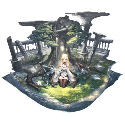 1girl artist_request black_thighhighs blonde_hair braid dress flower fur_trim game_cg girls&#039;_frontline girls&#039;_frontline_neural_cloud grass highres jacket k5_(girls&#039;_frontline) long_hair looking_at_viewer luna_(neural_cloud) official_art seiza sitting solo staff statue strapless strapless_dress thighhighs third-party_source tree water white_flower white_jacket zettai_ryouiki