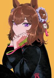 1girl alternate_costume animal_ears black_shirt breasts brown_hair chinese_clothes closed_mouth double_bun hair_bun hair_ornament hair_scrunchie head_rest horse_ears long_sleeves looking_at_viewer mahjong mahjong_tile medium_breasts nakayama_festa_(umamusume) orange_background panipuri purple_eyes scrunchie shirt simple_background solo tassel tassel_hair_ornament umamusume upper_body