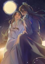 2boys artist_name black_hair black_hanfu brown_eyes brown_hair chinese_clothes chu_wanning commentary cowboy_shot english_commentary erha_he_tadebai_mao_shizun full_moon hair_down hand_on_another&#039;s_cheek hand_on_another&#039;s_face hanfu high_ponytail highres lix_(sanlixus) long_hair long_sleeves looking_at_another male_focus mo_ran moon multiple_boys night night_sky parted_lips ponytail sitting sky star_(sky) white_hanfu wide_sleeves yaoi