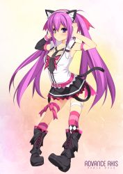 Rule 34 | 1girl, absurdres, animal ears, argyle clothes, argyle legwear, arm warmers, armlet, armpits, arms up, asymmetrical legwear, bare shoulders, beatmania iidx, belt, bemani, black boots, blush, boots, breasts, cat ears, cat tail, collarbone, fake animal ears, female focus, fingernails, full body, gradient background, hands on headphones, headphones, highres, jewelry, kinoshita ichi, knee boots, long hair, looking at viewer, medium breasts, miniskirt, mizushiro celica, mizushiro celica (punk cat), necklace, necktie, pearl necklace, pink legwear, pleated skirt, purple eyes, purple hair, simple background, skirt, sleeveless, smile, solo, tail, thigh strap, twintails, uneven legwear