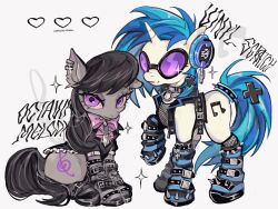 amatou_akuma animal animal_focus black-framed_eyewear black_choker black_hair black_jacket black_socks black_tail blue_hair blue_socks blue_tail bow bowtie chain character_name choker closed_mouth colored_skin commentary cutie_mark ear_piercing fishnet_top fishnets frills full_body grey_background grey_skin grey_socks hair_ornament headphones heart highres jacket long_hair looking_at_viewer musical_note my_little_pony my_little_pony:_friendship_is_magic no_humans o-ring o-ring_choker octavia_melody parted_lips piercing pink_bow pink_bowtie pony_(animal) purple-tinted_eyewear purple_eyes short_sleeves simple_background sitting sleeveless sleeveless_jacket socks sparkle spiked_choker spikes striped_clothes striped_socks sunglasses symbol-only_commentary tinted_eyewear twitter_username two-tone_socks unicorn vinyl_scratch white_skin x_hair_ornament