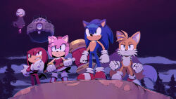 2girls 4boys absurdres amy_rose animal_ears animal_nose aqua_eyes arms_at_sides bare_shoulders black_dress black_footwear blue_eyes blue_fur blue_hair body_fur boots child clenched_teeth closed_mouth cloud crossed_arms dr._eggman dress evan_stanley expressionless eyes_in_shadow flat_chest floating fox_boy fox_ears fox_tail full_body furrowed_brow furry furry_female furry_male gloves grey_hair hair_over_one_eye hairband half-closed_eyes hammer highres holding holding_hammer holding_weapon knee_boots knuckles_the_echidna long_dress long_hair long_sleeves looking_afar looking_at_viewer mary_janes multiple_boys multiple_girls multiple_tails official_art one_eye_covered outdoors pink_eyes pink_fur pink_hair purple_eyes red_dress red_footwear red_fur red_hair red_hairband sage_(sonic) shoes short_dress short_hair sidelocks sideways_mouth silhouette sky sleeveless sleeveless_dress socks sonic_(series) sonic_frontiers sonic_the_hedgehog spiked_gloves spiked_hair standing swept_bangs tail tails_(sonic) teeth toy_hammer tree two-tone_fur two_tails weapon white_fur white_gloves white_socks yellow_fur