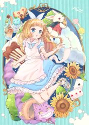 Rule 34 | 1girl, :o, absurdres, alice&#039;s adventures in wonderland, alice (alice in wonderland), anklet, apron, blonde hair, blue background, blue dress, blue eyes, blunt bangs, blush, card, character name, cheshire cat (alice in wonderland), commentary request, cookie, dress, flower, food, frilled apron, frills, hacosumi, hair ribbon, highres, ice cream, jewelry, jumping, long hair, parted lips, playing card, puffy short sleeves, puffy sleeves, ribbon, sandals, short sleeves, solo, striped background, sundae, sunflower, vertical-striped background, wafer stick, white apron, white rabbit (alice in wonderland), white ribbon, wooden chair