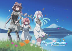 3girls :3 absurdres ange_katrina animal_ears anniversary backpack bag between_breasts black_pantyhose black_vest blue_eyes blue_hair blue_sky blurry blurry_foreground blush boots breasts brown_hair clear_sky closed_mouth colored_inner_hair commentary_request copyright_name day dog_ears dress falling_petals film_grain floating_hair flower frilled_dress frills grass grey_bag grey_dress grey_sleeves group_name hair_between_eyes hair_flower hair_intakes hair_ornament hair_scrunchie hand_up heterochromia highres holding_strap inui_toko knee_boots lake layered_sleeves lize_helesta long_hair long_sleeves looking_ahead looking_to_the_side low_twintails medium_breasts medium_dress medium_hair mount_fuji multicolored_hair multiple_girls nijisanji no_tail official_alternate_costume orange_flower orange_petals outdoors page_of_lambda pantyhose petals purple_eyes purple_flower purple_petals red_eyes red_hair red_scrunchie scrunchie short_dress shoulder_bag sidelocks signature sky sleeve_cuffs small_breasts smile standing strap_between_breasts streaked_hair t_k triangle_hair_ornament twintails two-tone_hair underbust very_long_hair vest virtual_youtuber white_dress white_flower white_hair white_petals wind yellow_eyes