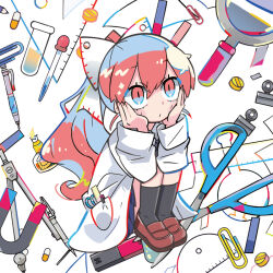 1girl beaker black_socks blue_eyes blue_hair blue_skirt blush_stickers bow brown_shoes character_request closed_mouth coat copyright_request elbows_on_knees eyelashes full_body hair_bow hands_on_own_cheeks hands_on_own_face indie_utaite kneehighs knees_up lab_coat light_frown long_hair long_sleeves looking_ahead magnet magnifying_glass miniskirt multicolored_eyes multicolored_hair nanawo_akari paperclip pen pill pleated_skirt pocket ponytail red_eyes red_hair ruler scissors shoes simple_background sitting skirt socks solo terada_tera turing_love two-tone_eyes two-tone_hair uwabaki very_long_hair white_background white_bow white_coat white_sleeves