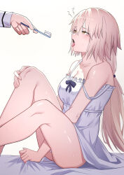 1girl absurdres bare_shoulders blonde_hair blush breasts brown_eyes camisole cleavage collarbone fate/grand_order fate_(series) highres jeanne_d&#039;arc_(fate) large_breasts long_hair metatron_jeanne_(fate) natu_zame open_mouth sitting solo_focus tongue tongue_out toothbrush white_camisole