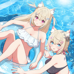 Rule 34 | 2girls, animal ear fluff, animal ears, bikini, black bikini, blonde hair, blue eyes, blue nails, blush, breasts, cleavage, collarbone, dog ears, dog girl, frilled bikini, frills, fuwawa abyssgard, hair between eyes, hair ornament, hololive, hololive english, large breasts, long hair, looking at viewer, mococo abyssgard, multiple girls, open mouth, pink eyes, pink nails, short hair, siblings, sisters, smile, swim ring, swimsuit, twins, user ckjz8743, virtual youtuber, white bikini, x hair ornament