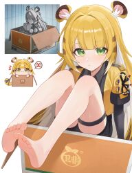 1girl absurdres animal_ear_fluff animal_ears barefoot black_shirt blonde_hair box chibi collared_shirt commentary_request feet game_screenshot_inset green_eyes highres in_box in_container jacket ju_fufu loli long_hair looking_at_viewer multicolored_hair multiple_views open_clothes open_jacket shirt simple_background soles tiger_ears tiger_girl tiger_stripes toes weimiaw white_background yellow_jacket zenless_zone_zero